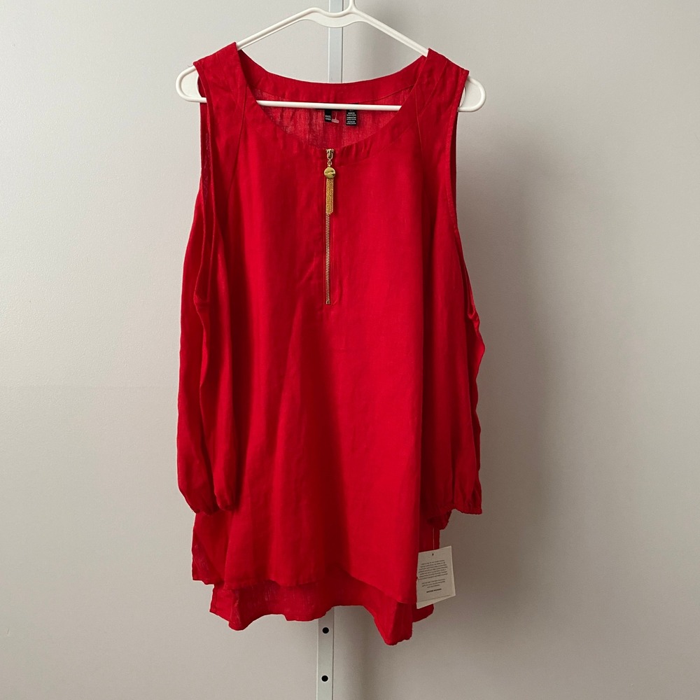 Ellen Tracy Linen Relaxed Boho Cold Shoulder Zip Front Tunic Large Red